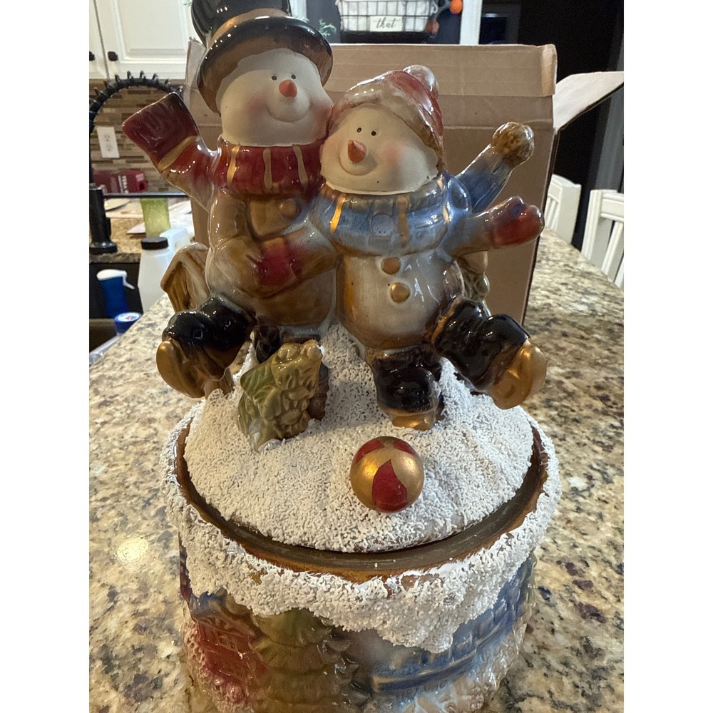 Vintage Style Ceramic Snowman Couple Ice Skating Musical Canister 9"